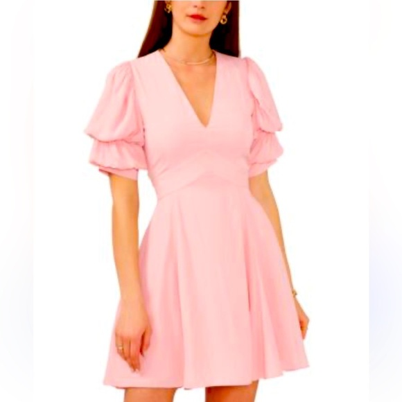 1.STATE Puff Sleeve Tiered Mini Dress – V-Neck – Pink – Size S - Picture 1 of 15